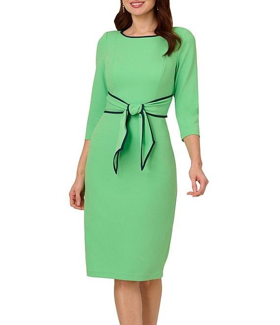 Adrianna Papell Petite Size Contrast Trim Boat Neck 3/4 Sleeve Tie Waist Crepe Dress Product Image