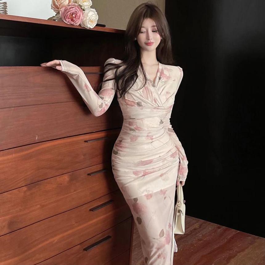 Long Sleeve V-Neck Floral Print Ruched Slit Mesh Midi Sheath Dress Product Image