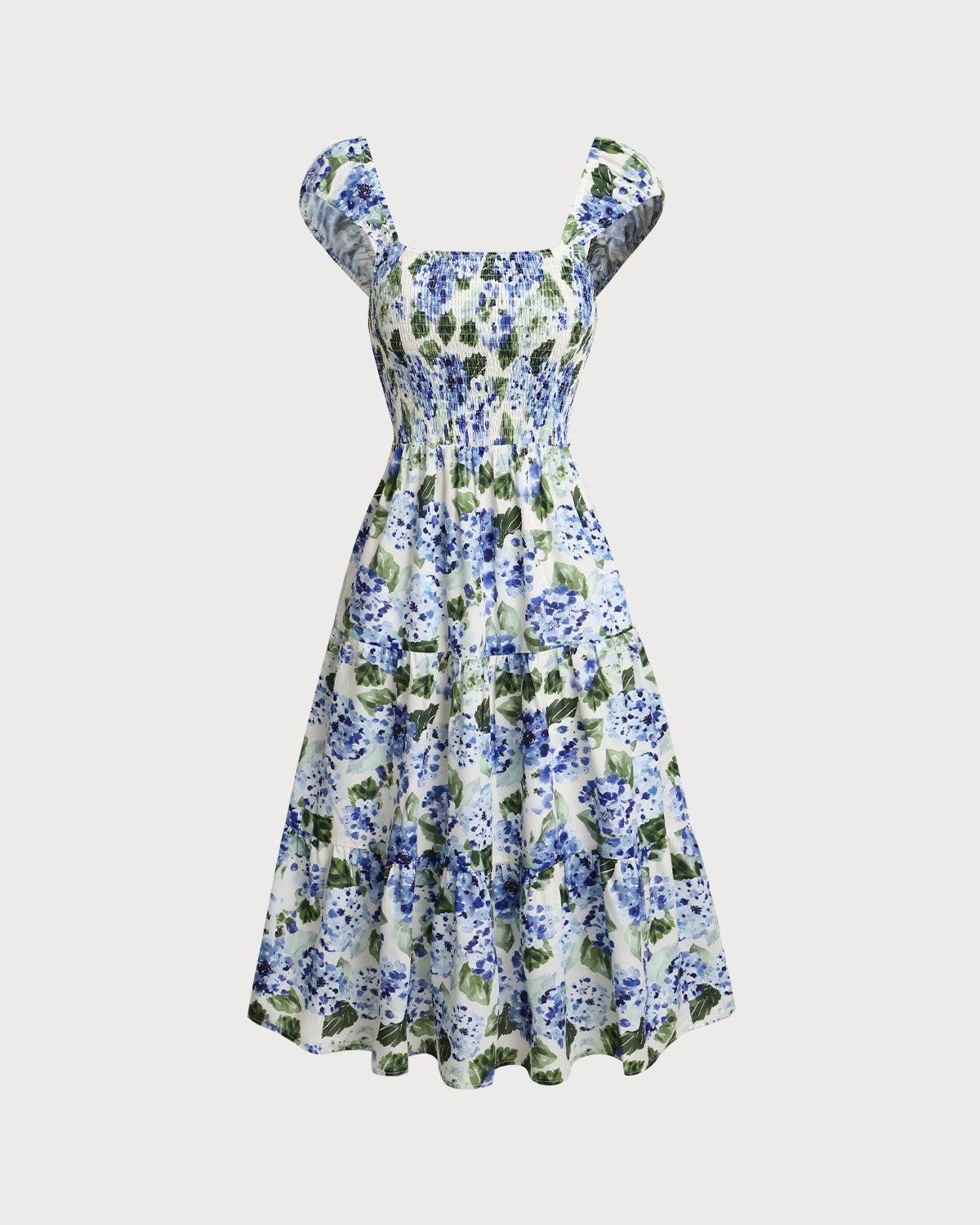 Blue Floral Square Neck Shirred Midi Dress Product Image
