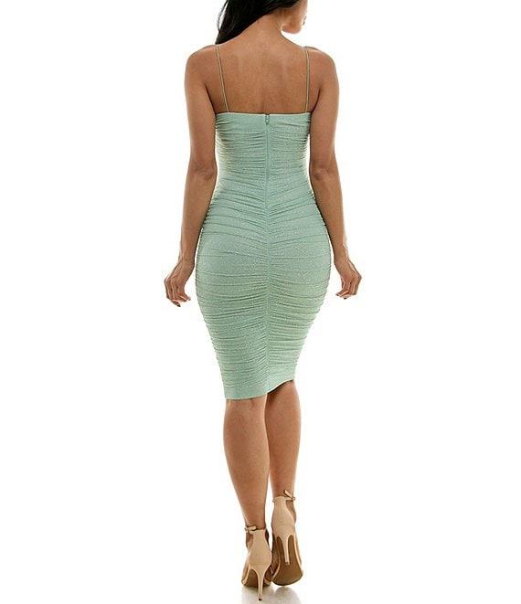B. Darlin Bungee Strap Square Neck Glitter Mesh Shirred Bodycon Dress Product Image