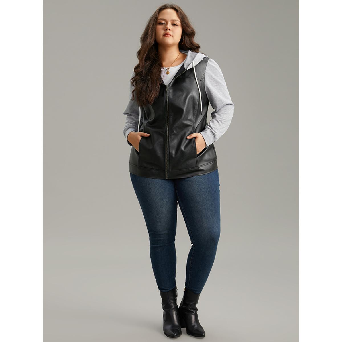 Plus Size PU Leather Zipper Hooded Drawstring Jacket Women Black Contrast Pocket Everyday Jackets BloomChic 22-24/3X Product Image