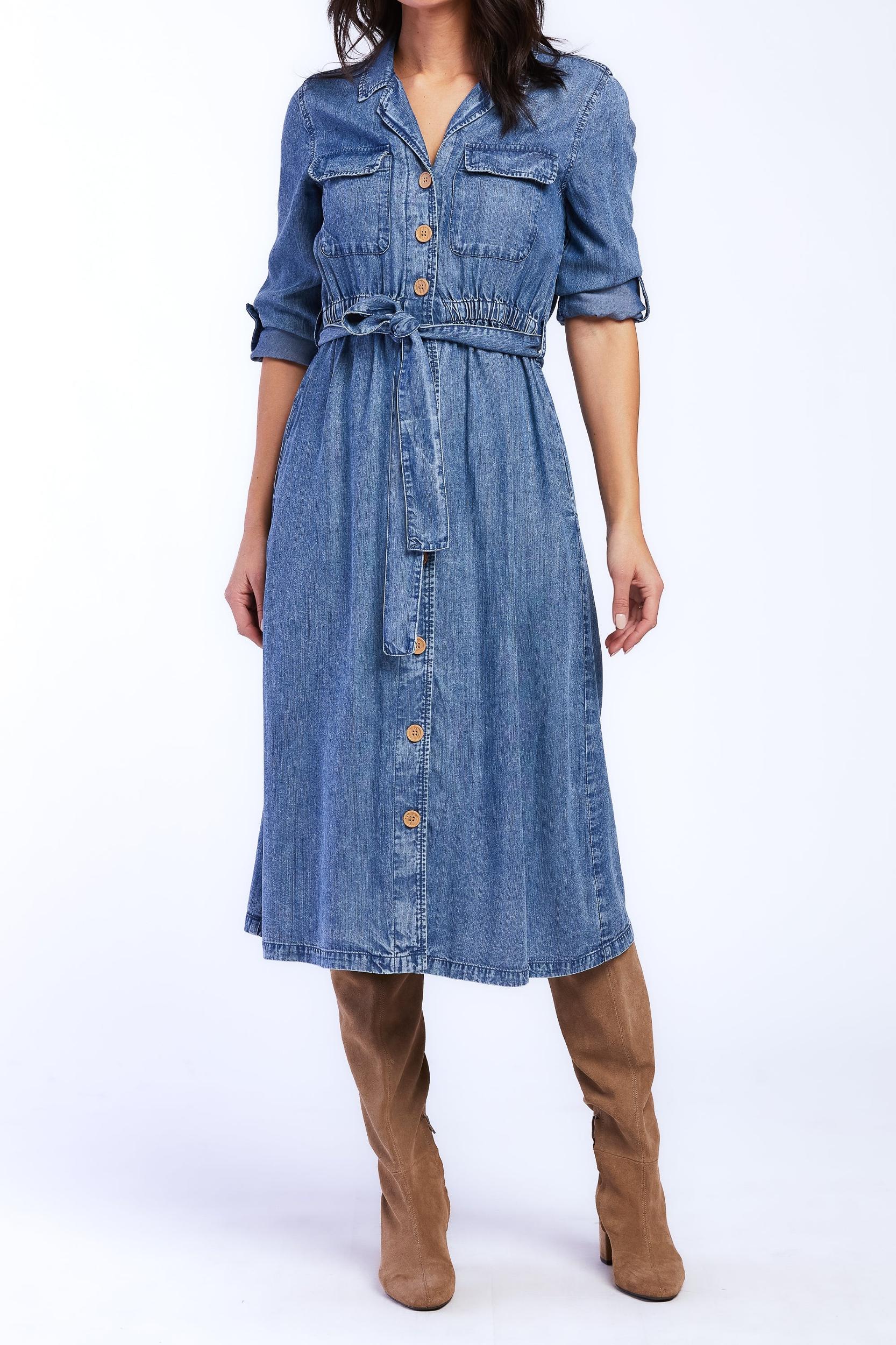 Justice Rolled Tab Sleeve Button Down Midi Dress Flap Chest Pocket Product Image