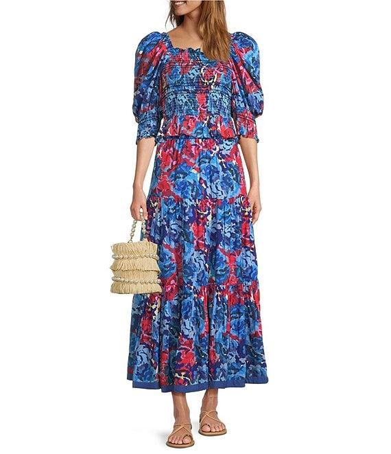 Ro's Garden Trinity Smocked Square Neck 3/4 Sleeve Floral Coordinating Crop Top Product Image