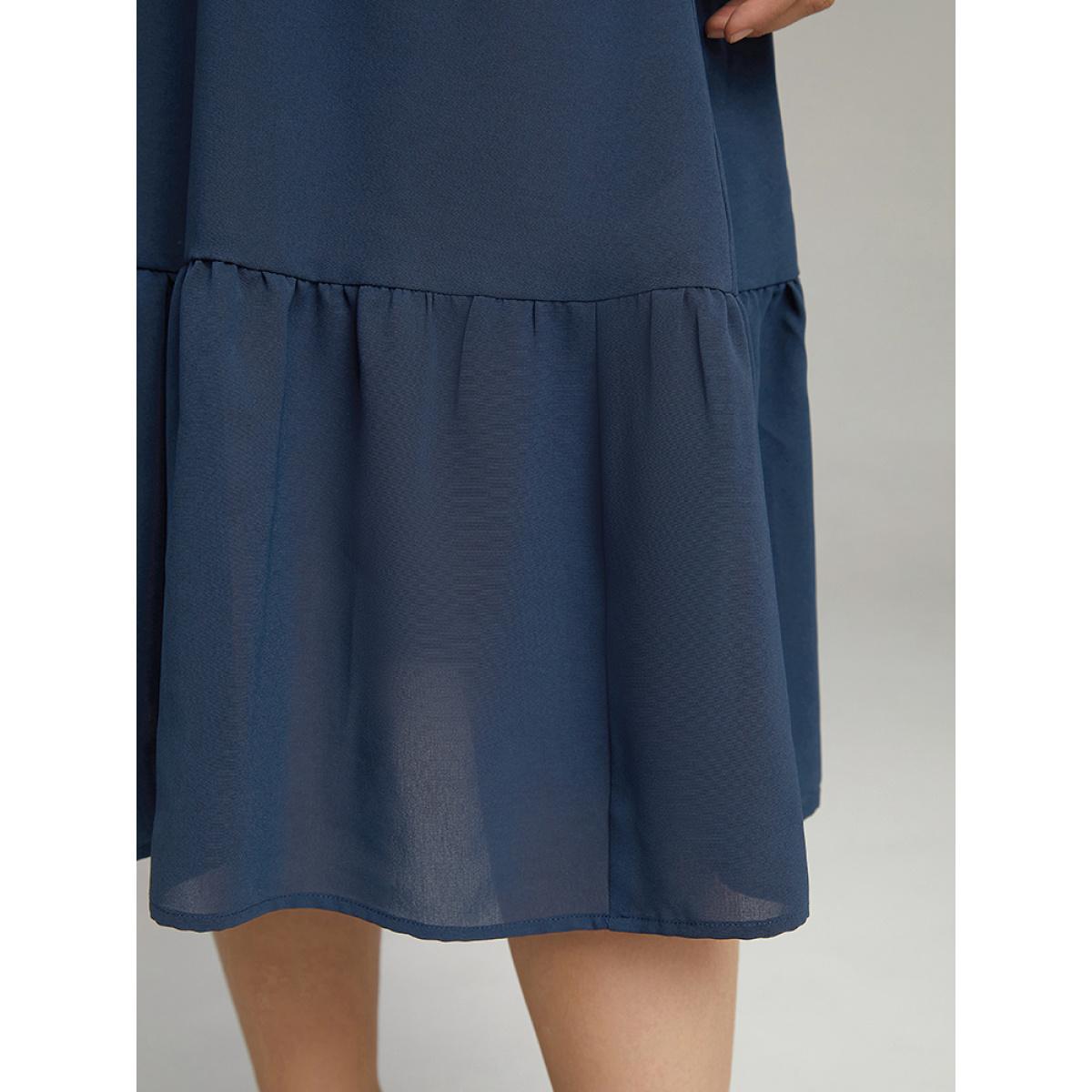 Plus Size Contrast Lace Shirt Collar Ruffle Hem Dress Indigo Women Office Plain Shirt collar Long Sleeve Curvy Midi Dress BloomChic 28/5X Product Image