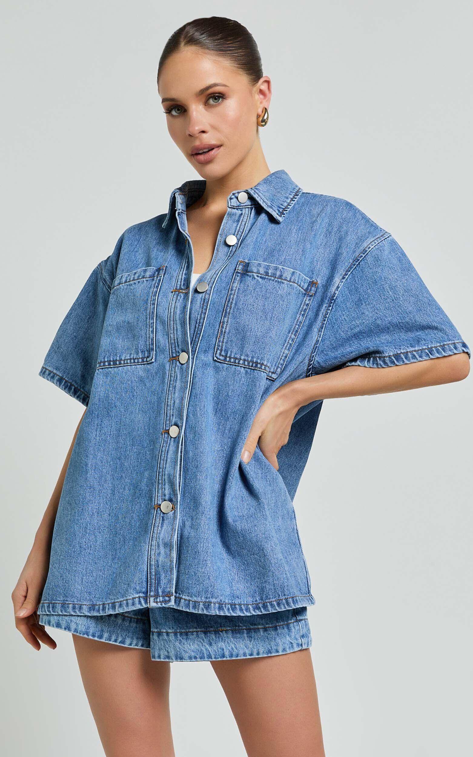 Rhianna Top - Oversized Recycled Denim Hardware Detail Short Sleeve Shirt in Mid Blue Wash Product Image