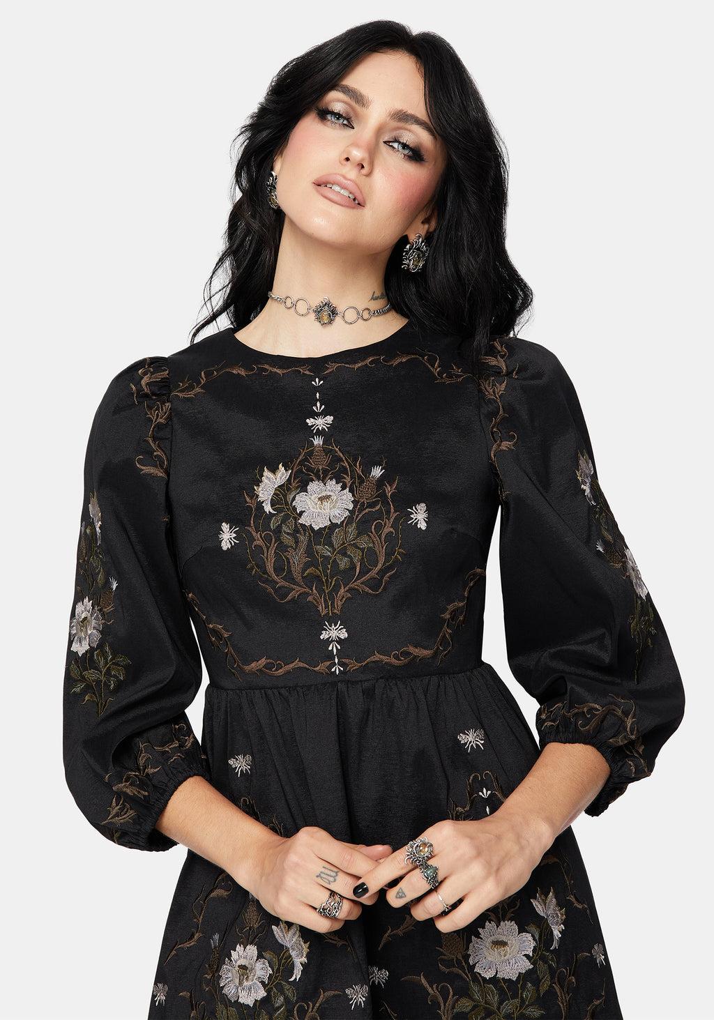Vine Floral Embroidered Long Sleeve Mini Dress Product Image