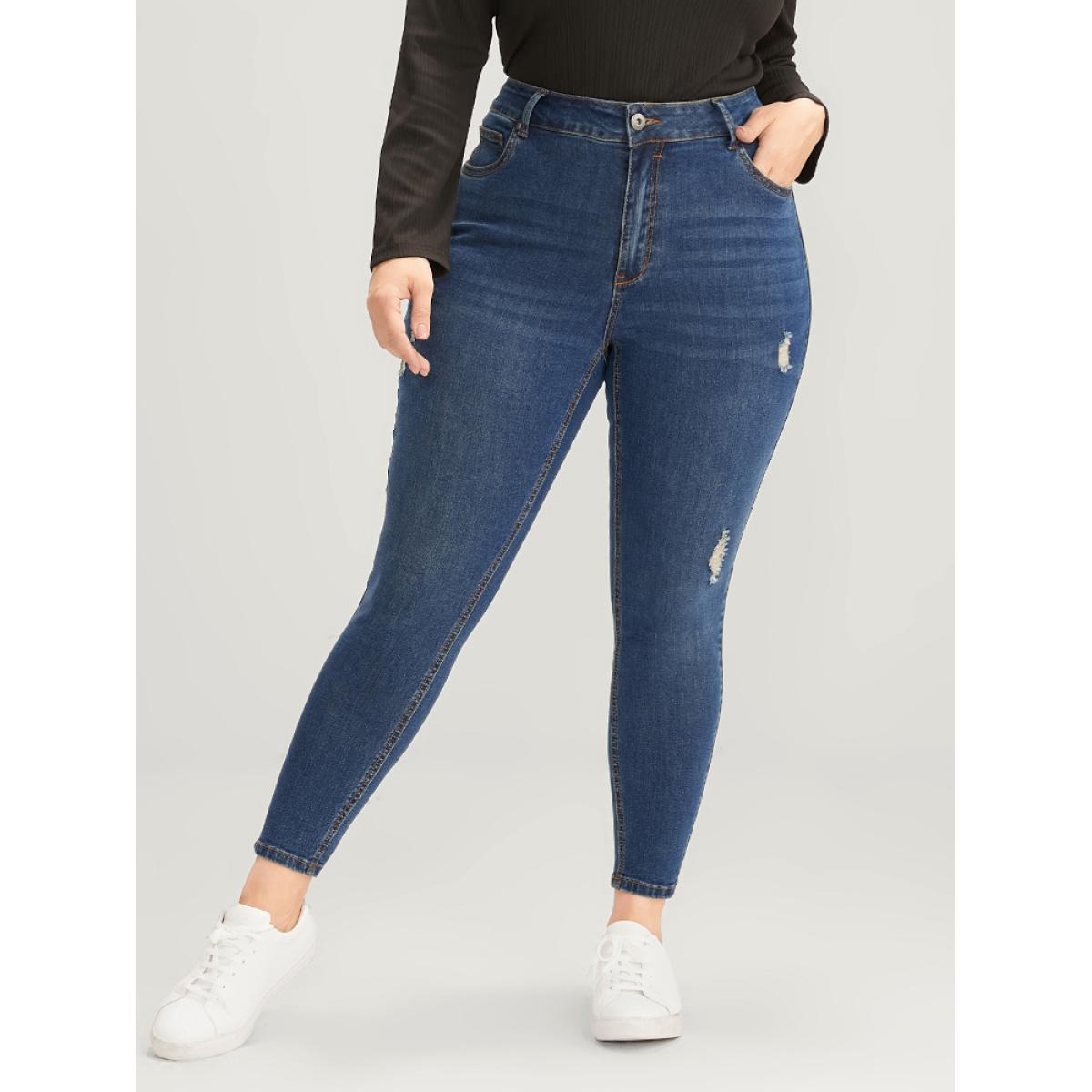 Plus Size Skinny Moderately Stretchy High Rise Dark Wash Distressed Ankle Jeans Women Indigo Casual Plain Zipper Medium stretch Pocket Jeans BloomChic 14/1X Product Image