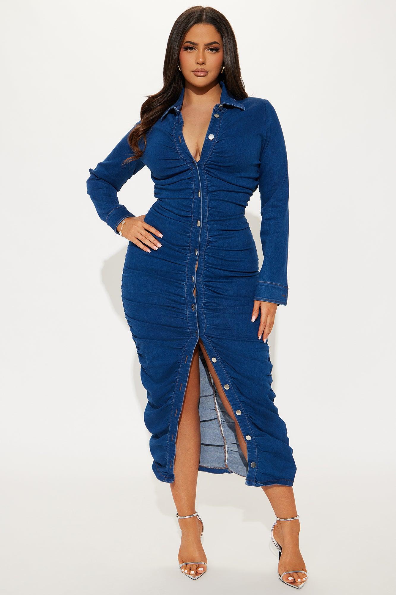 Marry Ruched Denim Maxi Dress - Dark Wash Product Image