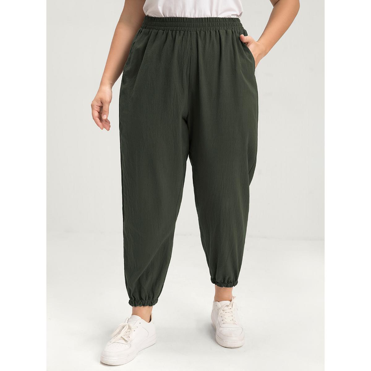 Plus Size Solid Elastic Waist Pocket Pants Women ArmyGreen Casual High Rise Dailywear Pants BloomChic 18-20/2X Product Image