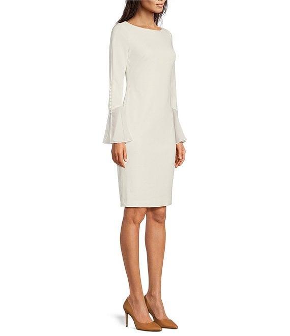 Calvin Klein Chiffon Long Sheer Bell Sleeve Round Neck Sheath Dress Product Image