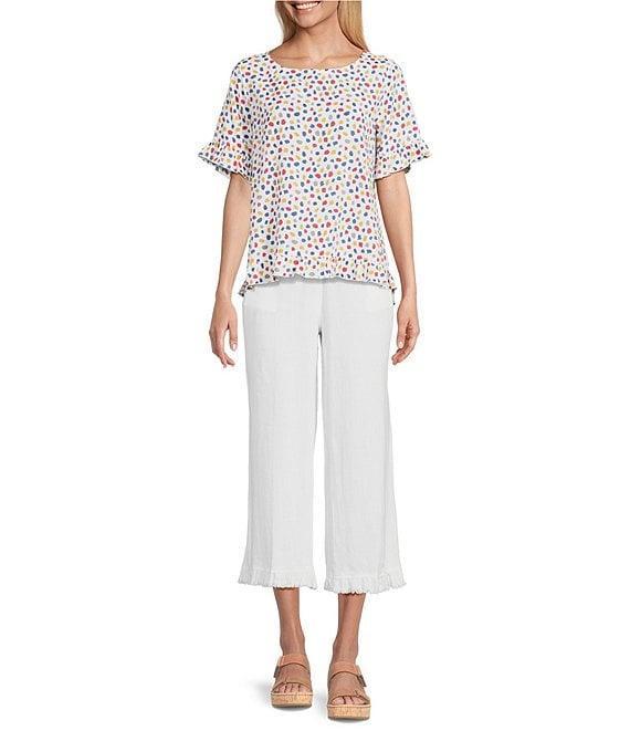 Multiples Printed Slub Crinkle Scoop Neck 3/4 Sleeve Hi-Low Hem Ruffle Top Product Image