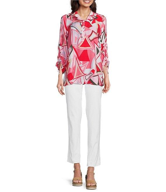 Ali Miles Abstract Print Wire Collar 3/4 Cinch Tie Sleeve Tunic Product Image