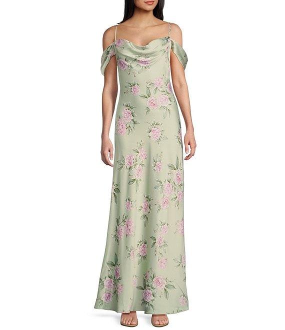 B. Darlin Satin Floral Print Off-The-Shoulder Cowl Neck Dress Product Image