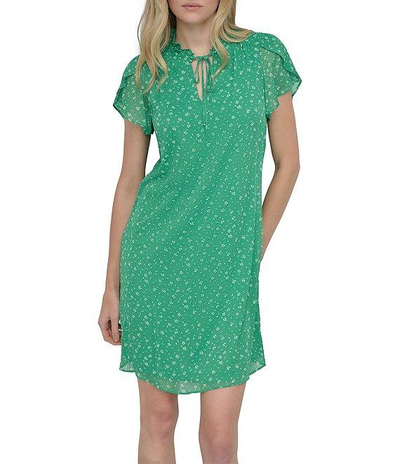 DKNY by Donna Karan Woven Floral Print Mock Neck Short Sleeve Front Tie Shift Mini Dress Product Image