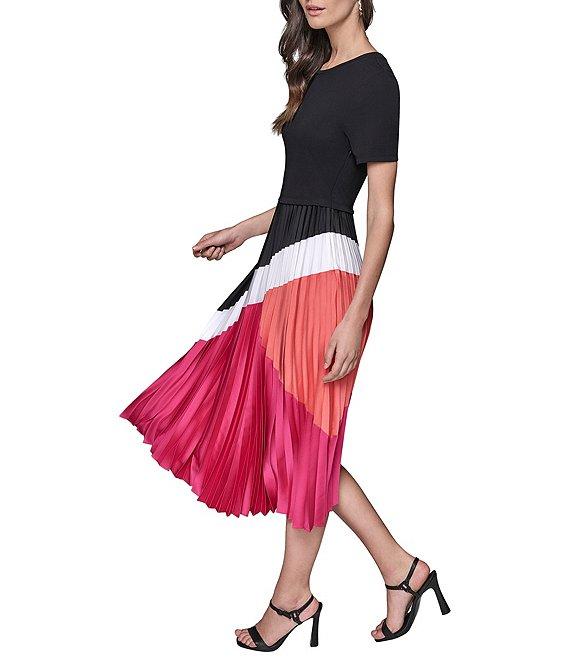 KARL LAGERFELD PARIS Jersey Satin Colorblock Print Crew Neck Short Sleeve Pleated Skirt Sheath Midi Dress Product Image