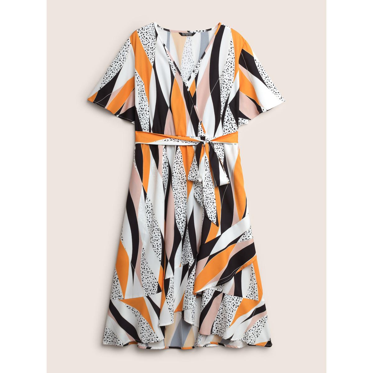 Plus Size Geometric Contrast Overlap Collar Belted Ruffle Sleeve Dress Multicolor Women At the Office Overlapping Overlap Collar Short sleeve Curvy Midi Dress BloomChic 10/M Product Image