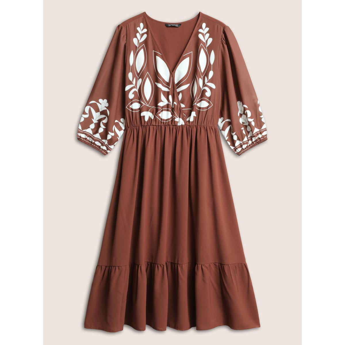Plus Size Geometric Surplice Neck Flutter Layered Hem Dress Rust Women Vacation Elastic cuffs Overlap Collar Elbow-length sleeve Curvy Midi Dress BloomChic 26/4X Product Image