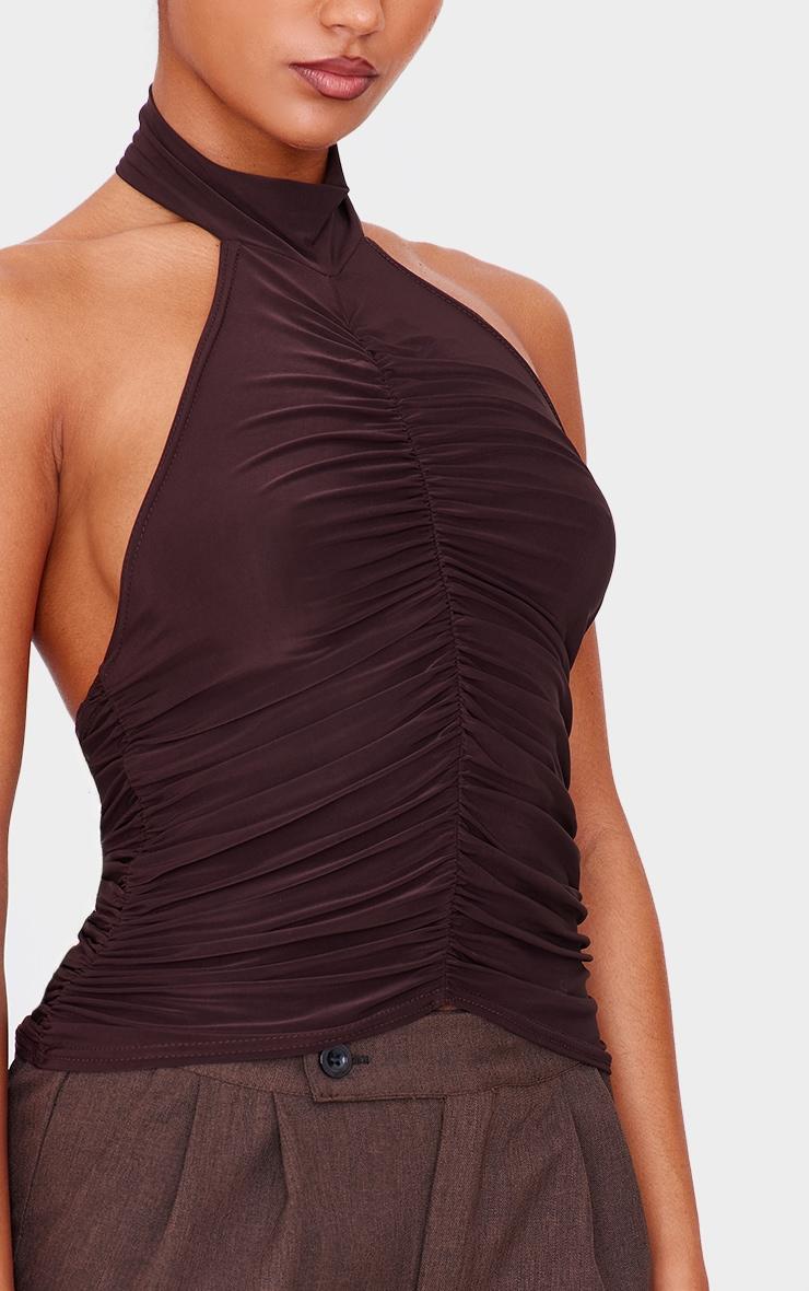Chocolate Slinky Ruched High Neck Long Top Product Image