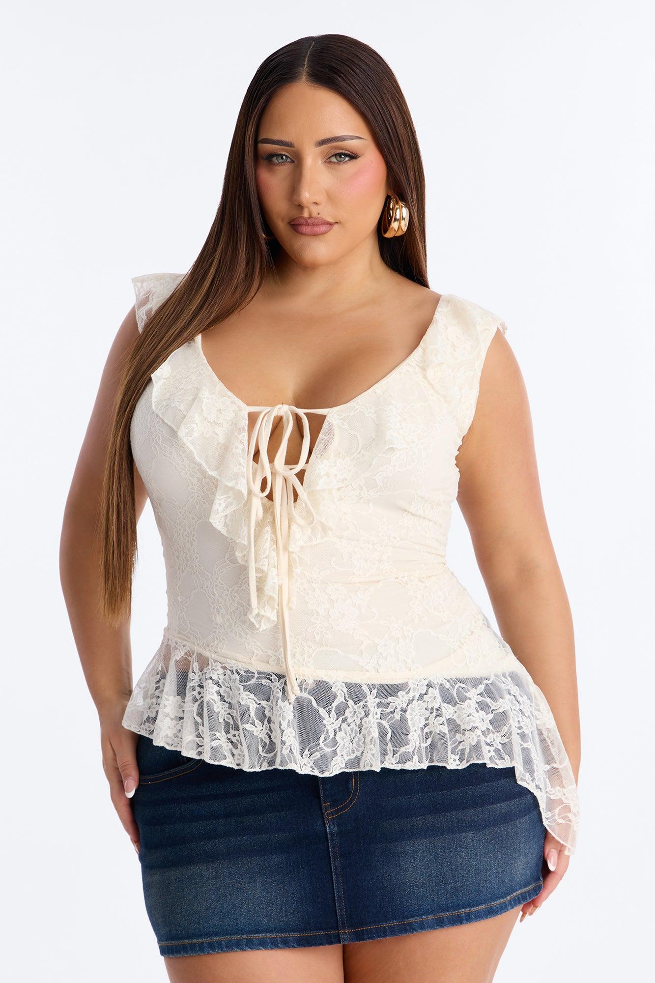 Elina Asymmetrical Ruffle Lace Sleeveless Top - Cream Female Product Image