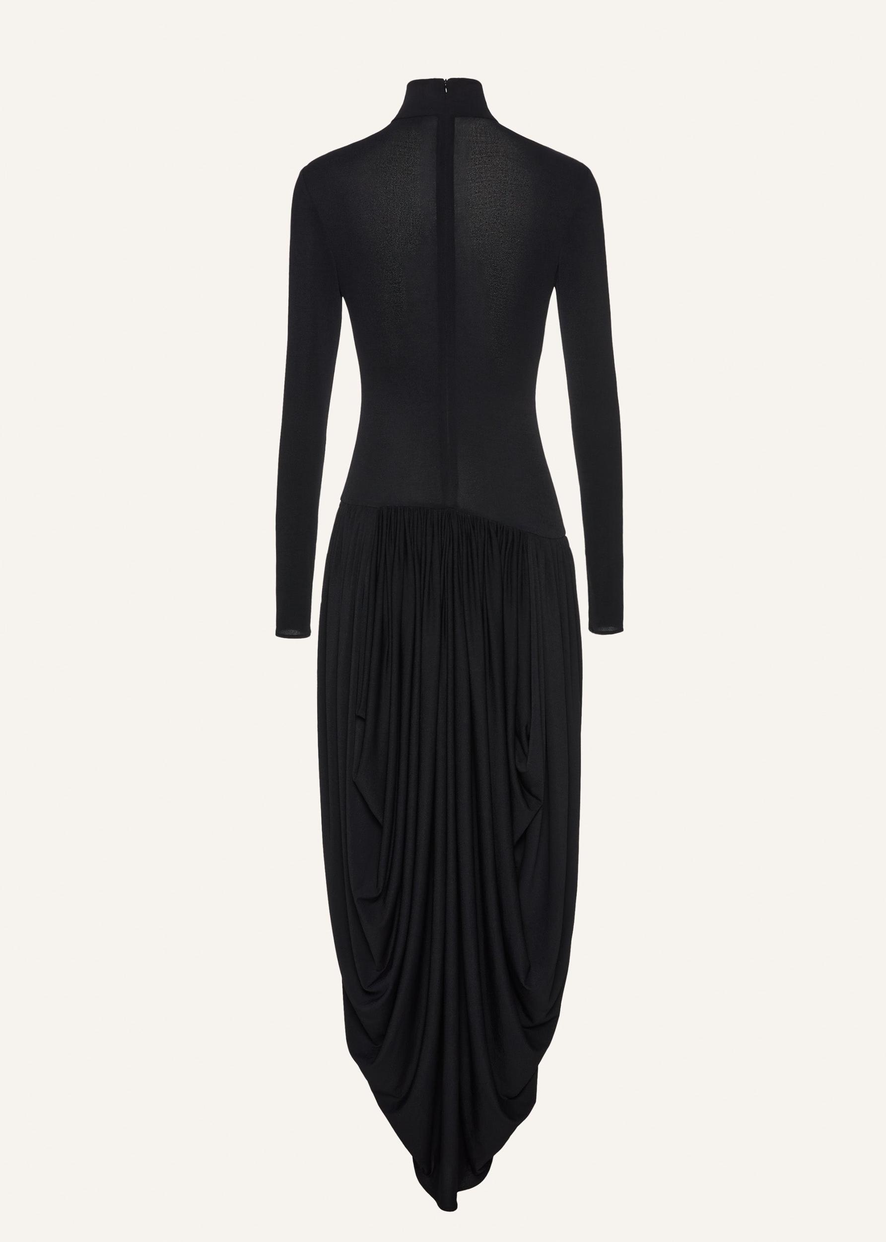 Open-leg long-sleeve draped maxi dress in black Product Image