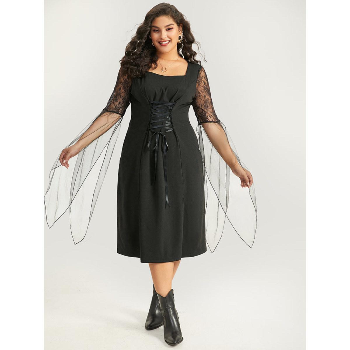 Plus Size Halloween Patchwork Lace Mesh Split Hem Lace Up Dress Black Women Glamour Cross straps Square Neck Short sleeve Curvy Midi Dress BloomChic 12/L Product Image