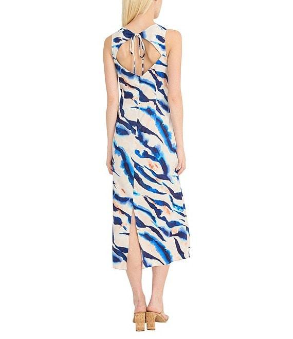 Donna Morgan Zebra Print Crew Neck Sleeveless Sheath Self Tie Midi Dress Product Image