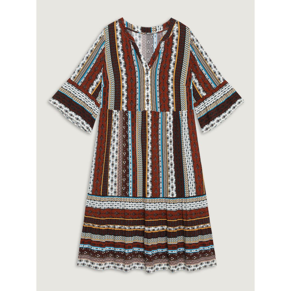 Plus Size Boho Stripes Tiered Midi Dress Multicolor Women Boho Button Flat collar with V-notch Elbow-length sleeve Curvy BloomChic 28/5X Product Image