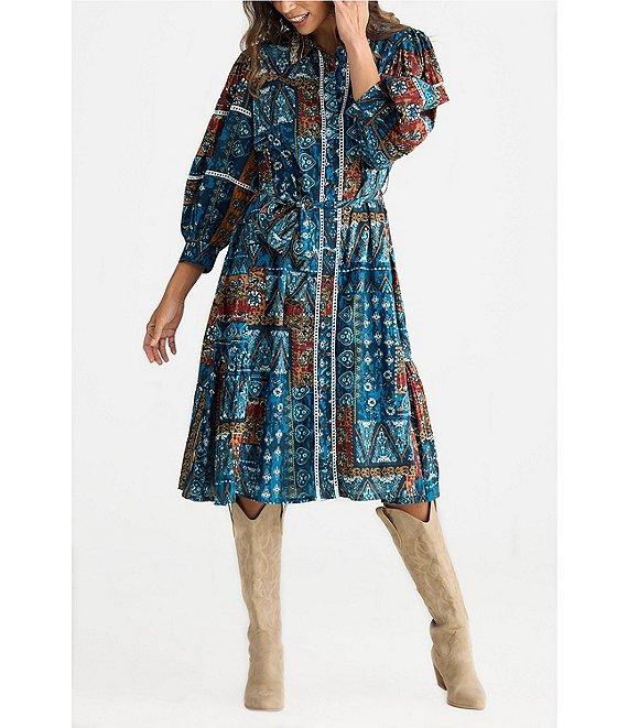 Talisman Castella Patchwork Button Down Collar Long Sleeve Belted Blouson Midi Dress Product Image