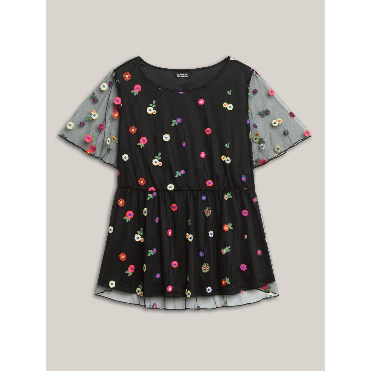 Plus Size Black Floral Mesh Embroidery Babydoll Blouse Women Playful Short sleeve Round Neck Casual Blouses BloomChic 30/6X Product Image