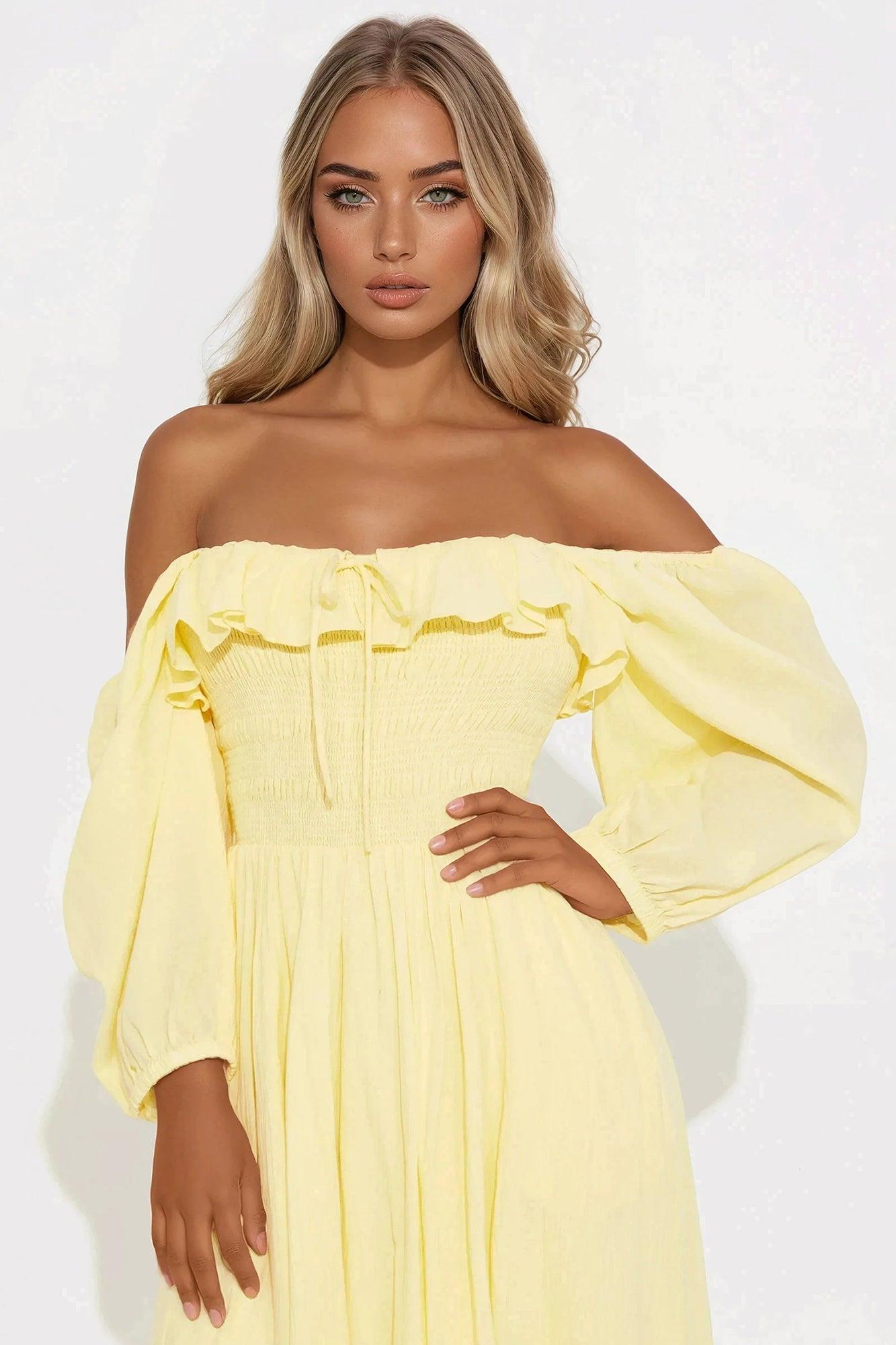 Daydreaming Puff Sleeve Midi Dress - Yellow Product Image
