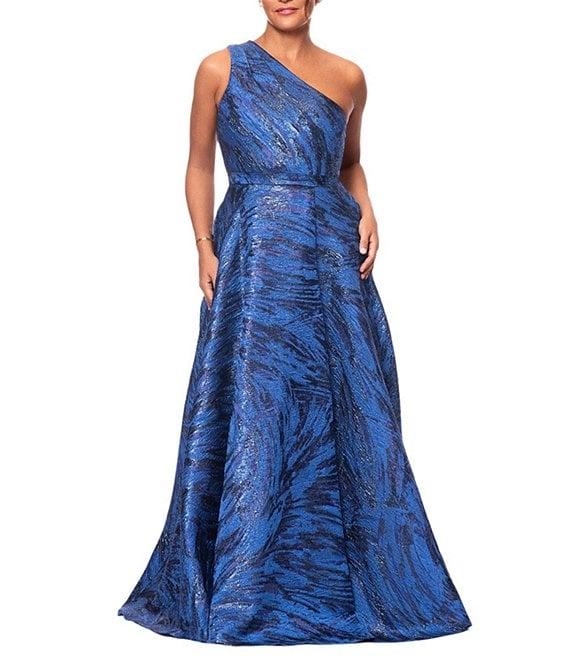 Xscape Brocade One Shoulder Sleeveless Side Pockets Front Slit Ball Gown Product Image