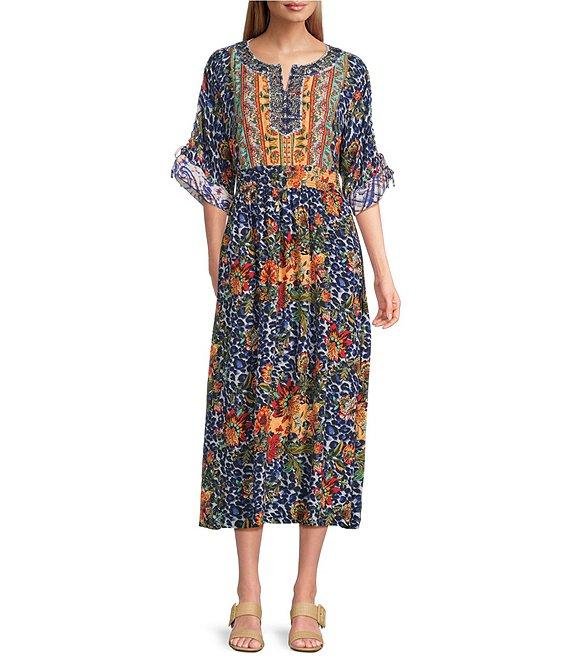 John Mark Animal Floral Embroidered Woven Scoop Neck Doman Sleeve A-Line Midi Dress Product Image
