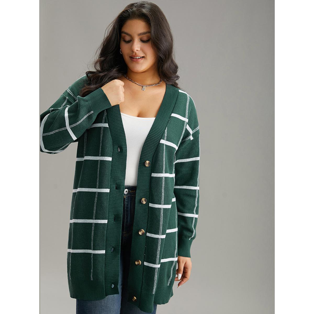 Plus Size Plaid Striped Button Through Cardigan DarkGreen Women Casual Loose Long Sleeve Everyday Cardigans BloomChic 26/4X Product Image