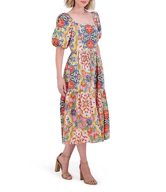 Vince Camuto Floral Print Square Neck Short Puff Sleeve A-Line Midi Dress Product Image