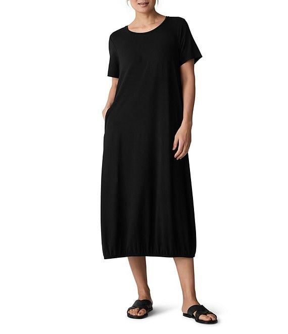 Eileen Fisher Round Neck Short Sleeve Full Length Lantern Midi Dress Product Image