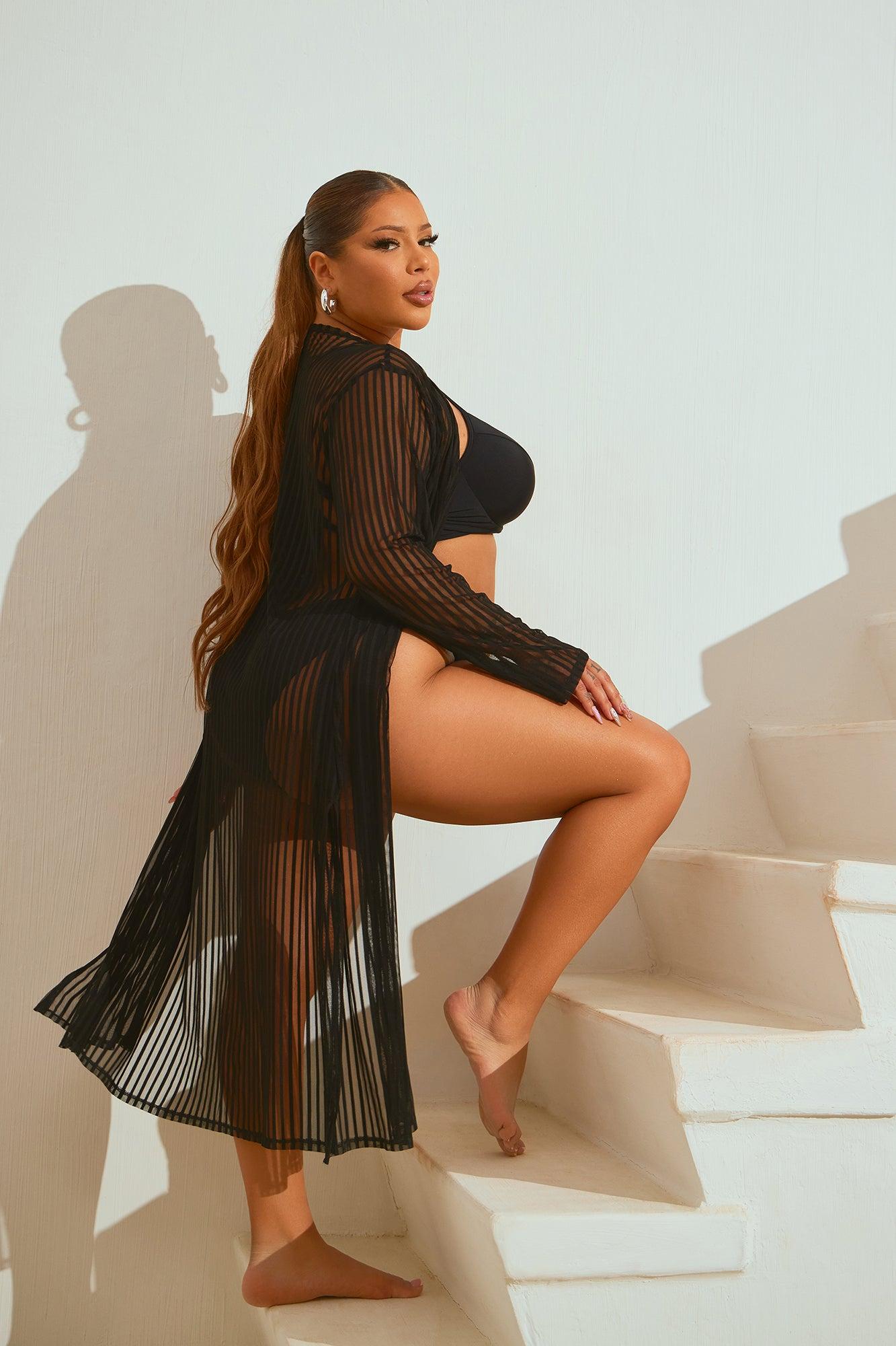 Beach Shade Stripe Cover Up Kimono - Black Product Image