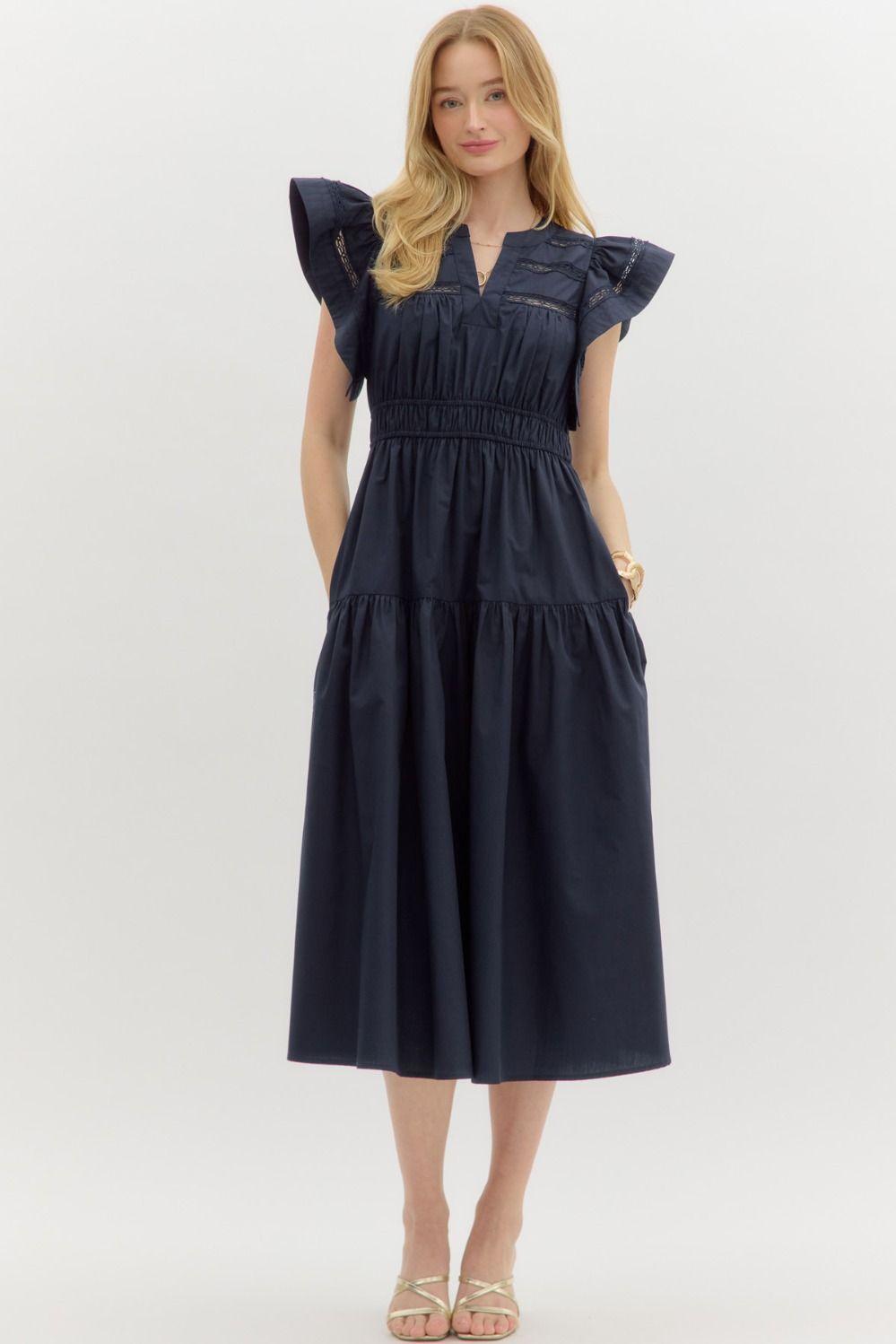 Navy Flutter Sleeve Dress Product Image