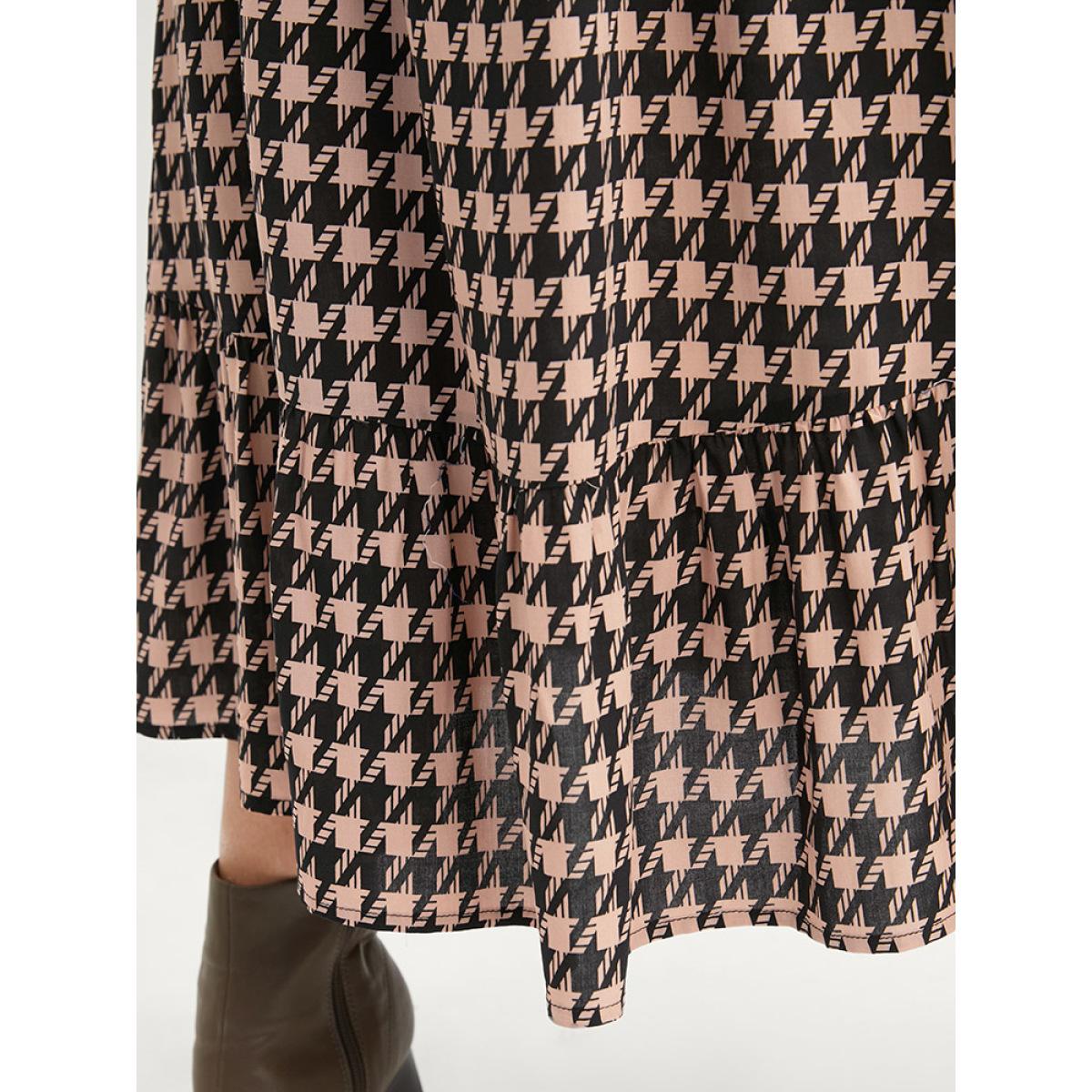 Plus Size Houndstooth V Neck Lantern Sleeve Pocket Belted Ruffles Dress Multicolor Women Elegant Elastic Waist V-neck Long Sleeve Curvy Midi Dress BloomChic 14-16/1X Product Image