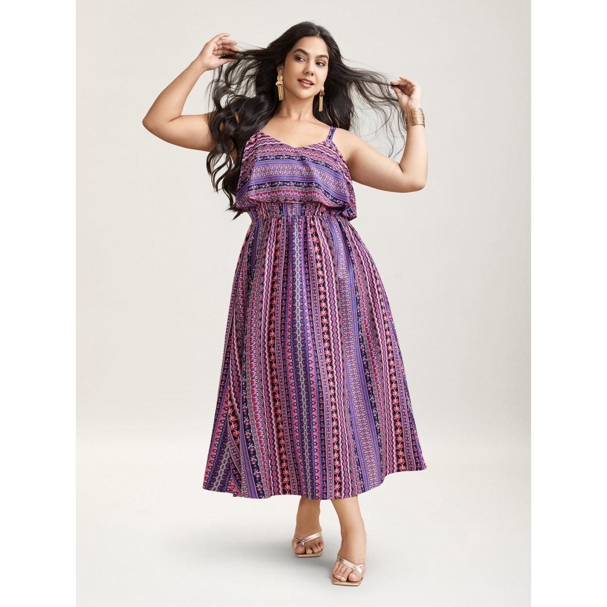 Plus Size Boho Print Stretchy Waist Pockets Midi Dress Deeppurplered Women Boho Tiered V-neck Sleeveless Curvy BloomChic 14-16/1X Product Image