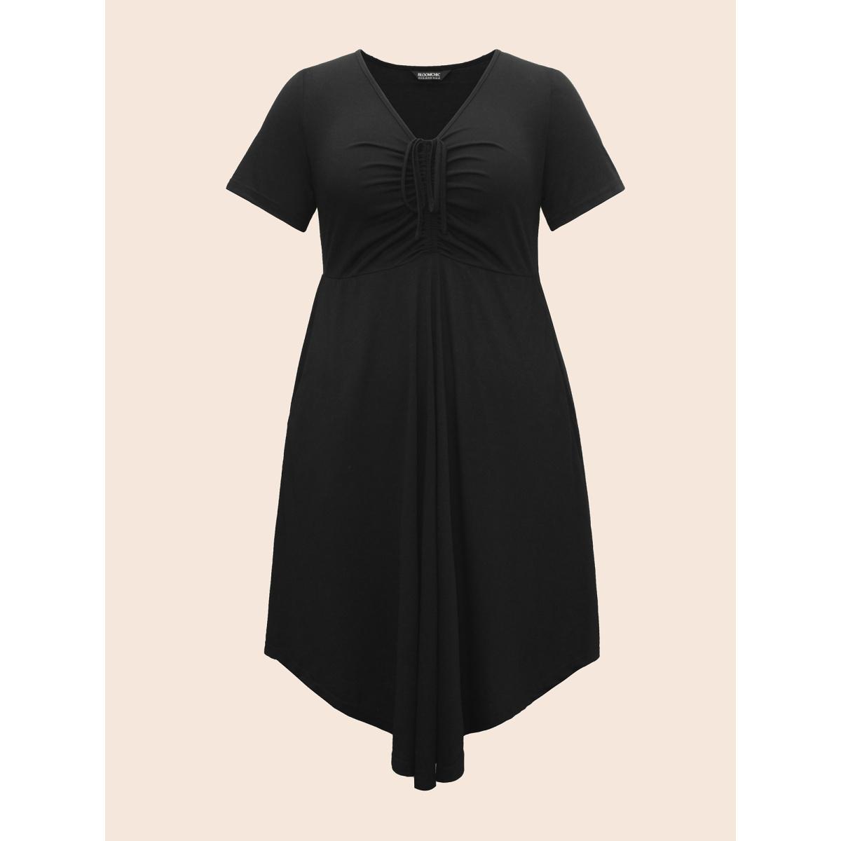 Plus Size Solid Drawstring Ruched Curved Hem Dress Black Women Elegant Gathered V-neck Short sleeve Curvy BloomChic 12/L Product Image