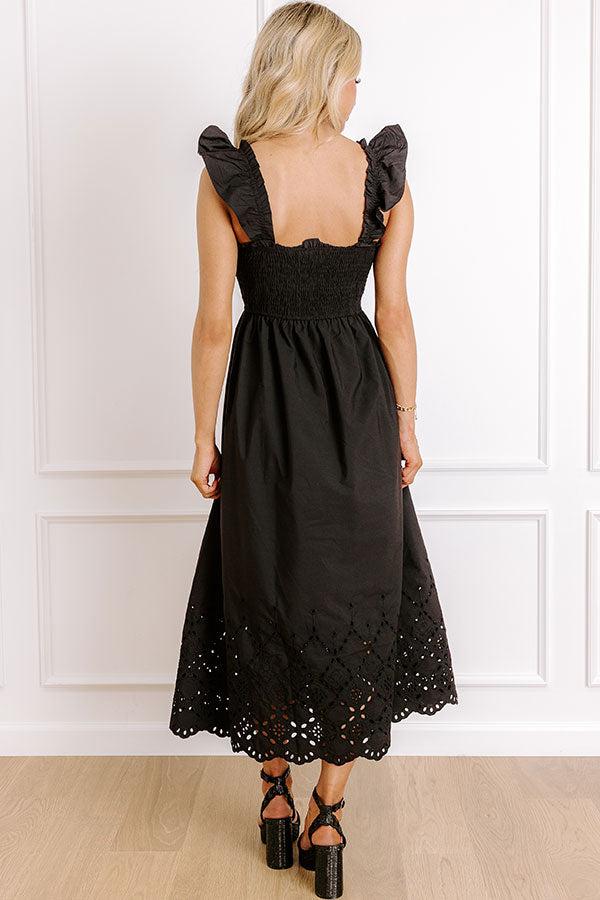 Call It Serendipity Smocked Eyelet Midi Dress in Black Product Image