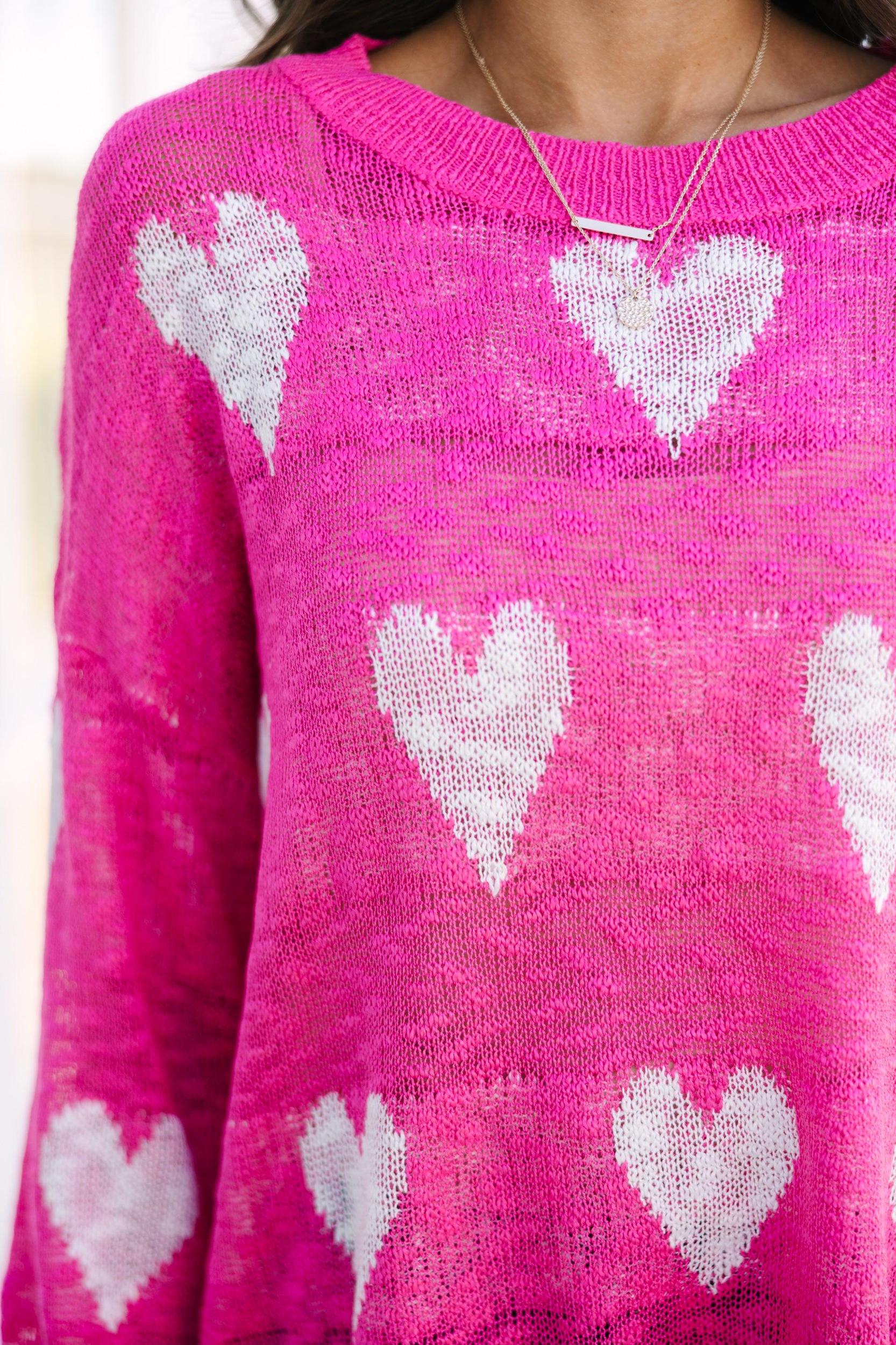 Feeling Like A Queen Fuchsia Pink Heart Print Sweater Female Product Image