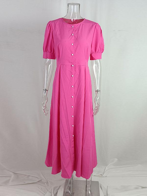 High Waisted Loose Buttoned Round-Neck Midi Dresses Product Image