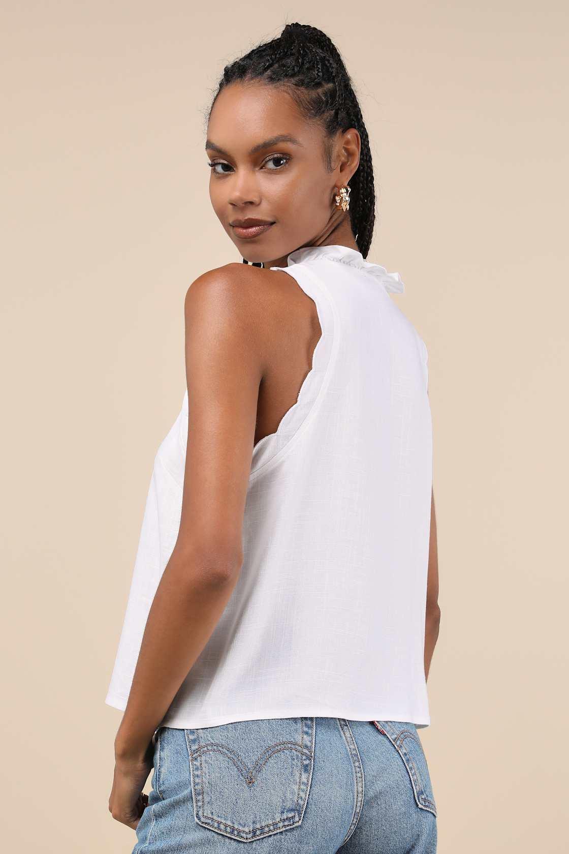 Casual Style White Ruffled Sleeveless Button-Up Tank Top Product Image