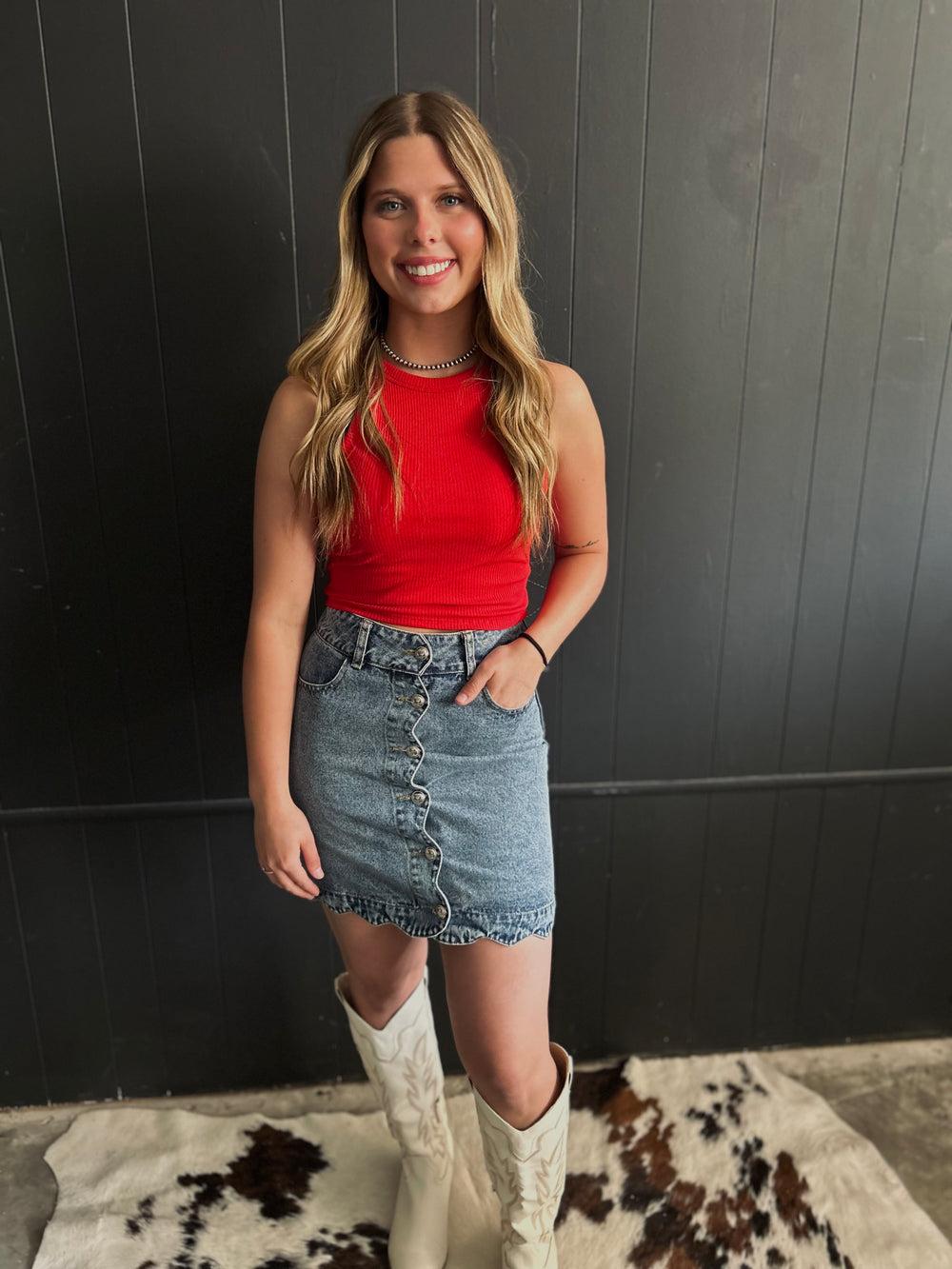 Scallop Buttoned Front Denim Skirt Product Image