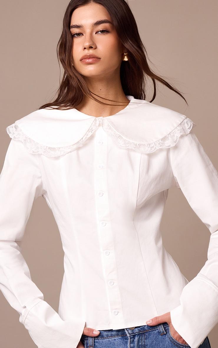  White Cotton Lace Trim Long Sleeve Shirt Product Image