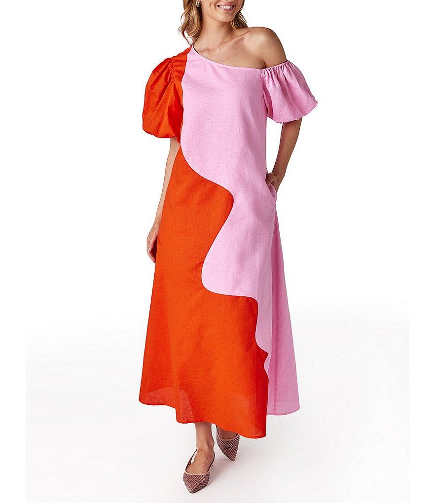 CROSBY by Mollie Burch Lovett Colorblock Asymmetrical Neckline Short Puff Sleeve Linen Maxi Dress Product Image