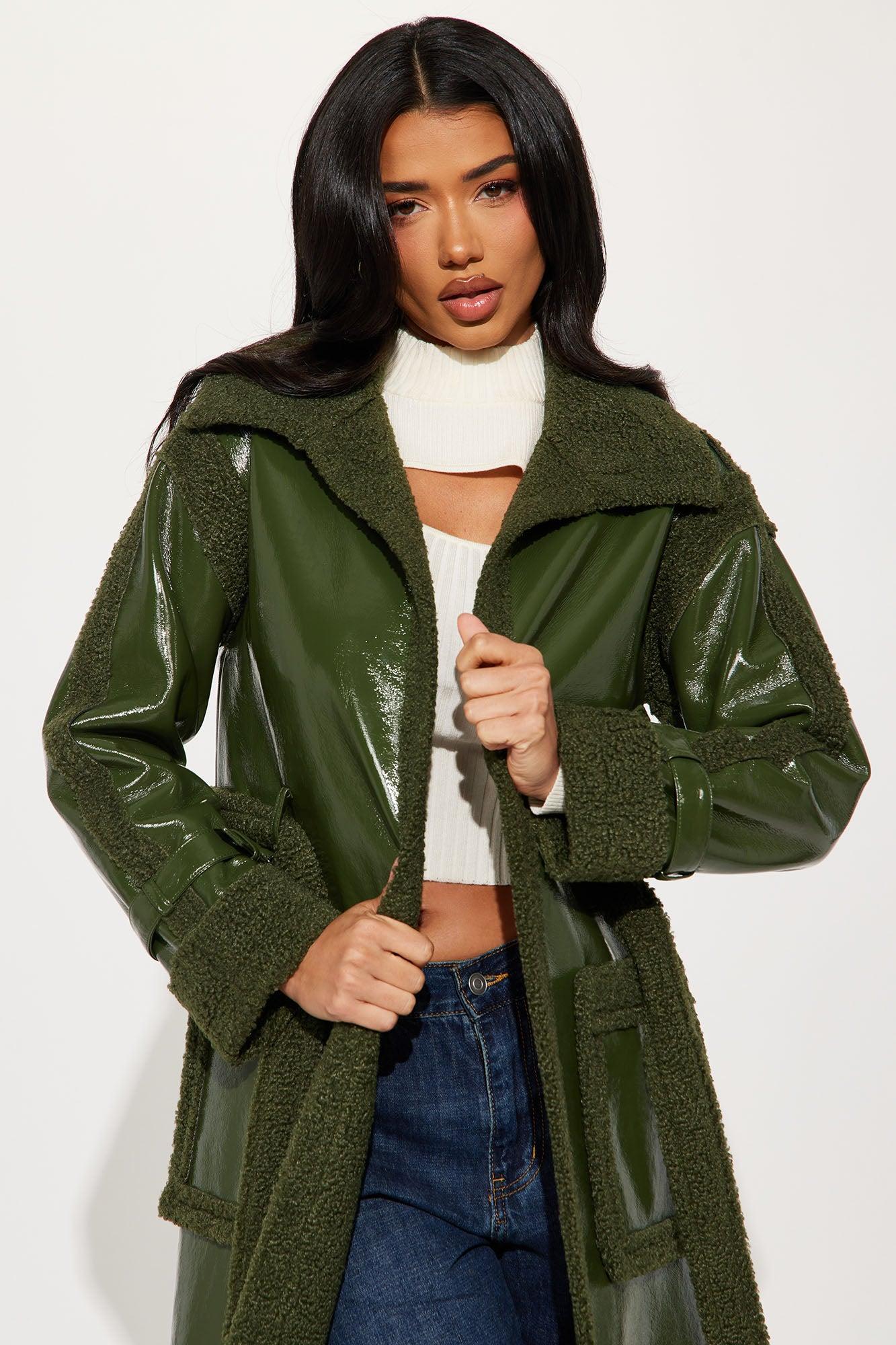 Bad Ideas Shearling Trench Coat - Olive Female Product Image