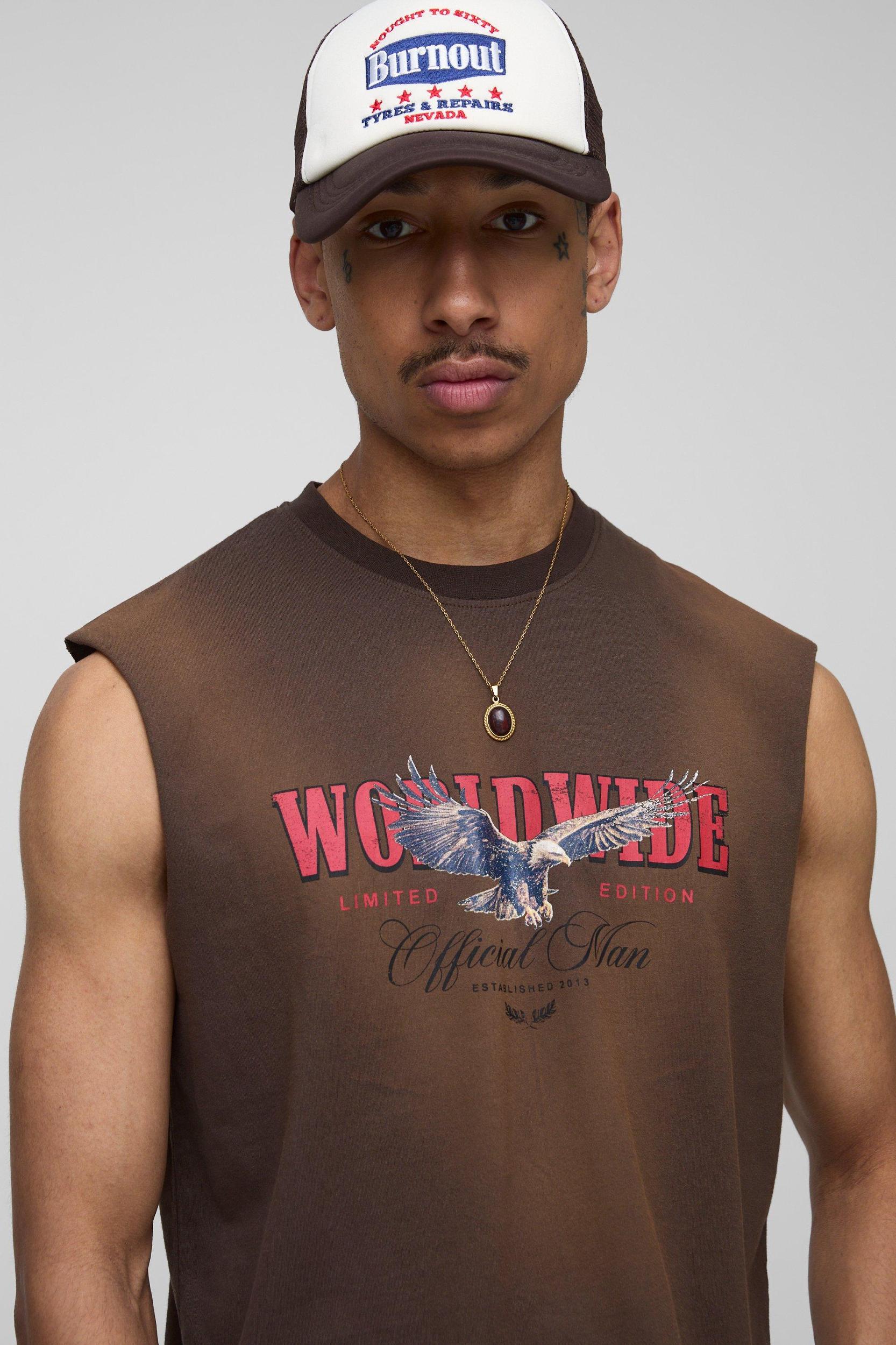 Boxy Washed Raw Edge Eagle Graphic Tank | boohooMAN USA Product Image