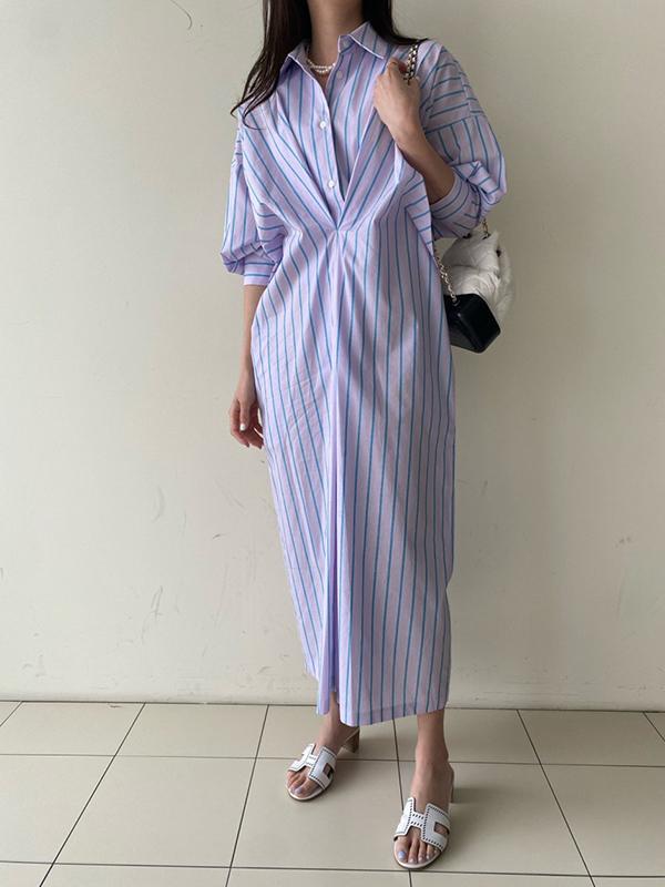Long Sleeves Loose Buttoned Contrast Color Pockets Striped Lapel Midi Dresses Shirt Dress Product Image